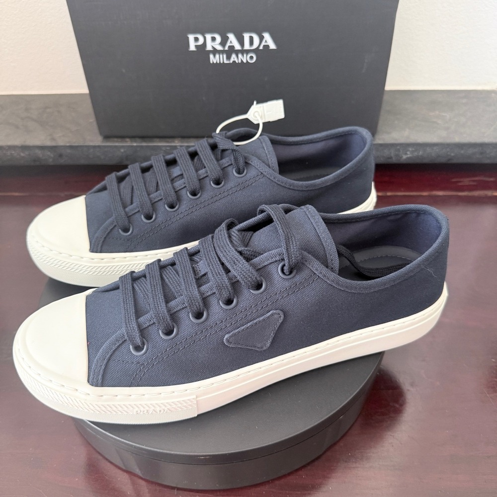 Prada 2EE446 Men's Wheel Gabardine Sneakers Navy Blue Low Top UK 9